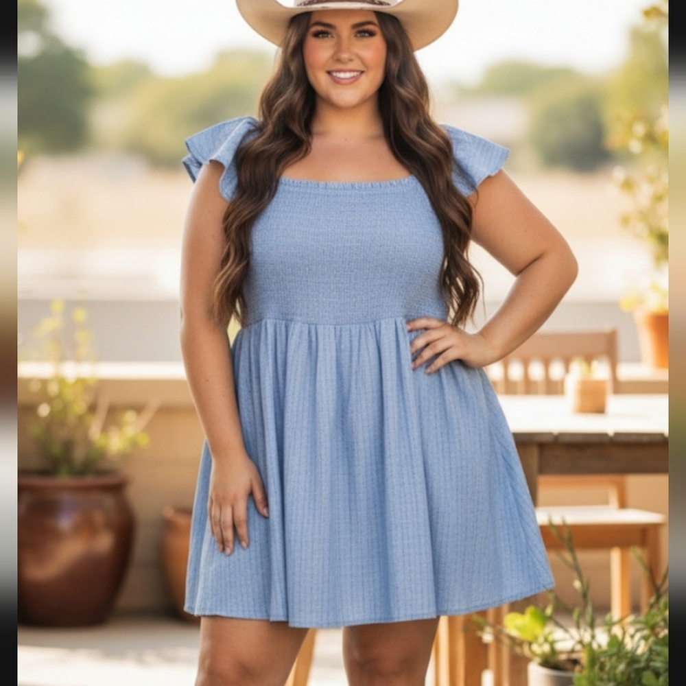 Chambray Flutter Accent Sleeveless Smocked Stretch Short Dress Curvy Plus sz 3X